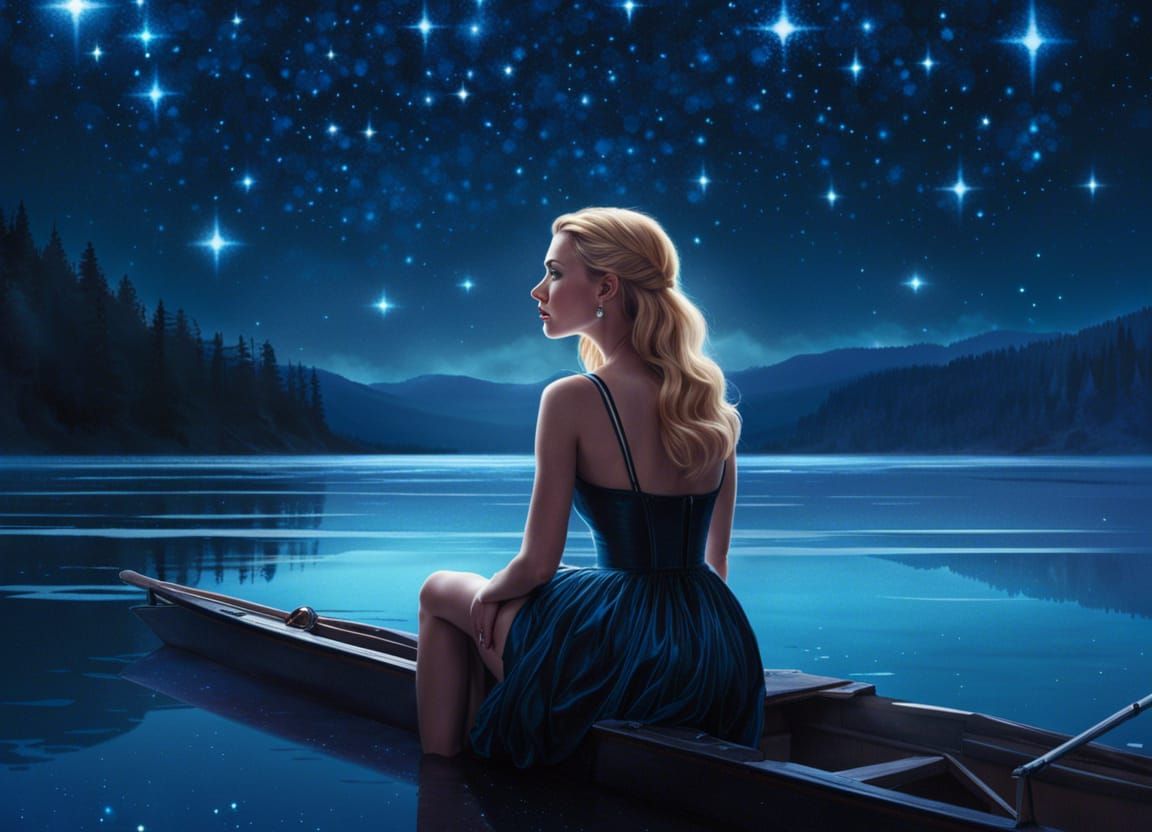 Glamorous Girl Gazing at Starry Sky, Digital Art