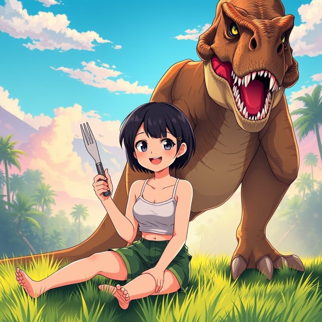 Anime T-Rex About to Eat a Cute Girl