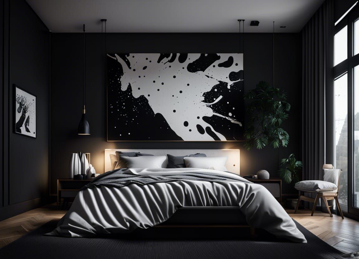 Minimalist Black Bedroom in Hyperrealistic Style