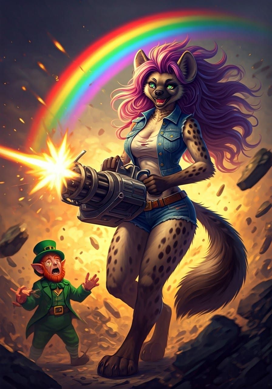 Vibrant Warrior Maiden Unleashes Minigun Amidst Whirlwind of...