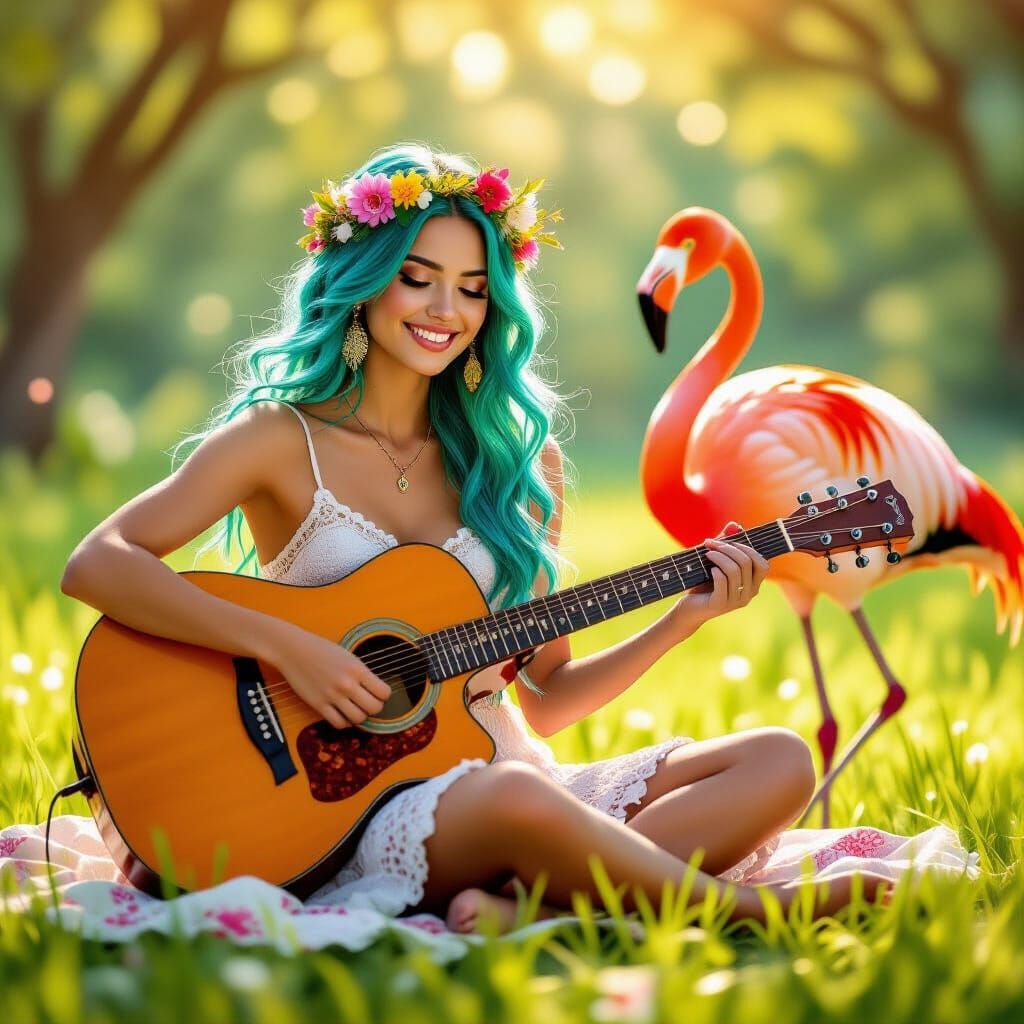 Musician with Flamingo, Hyper-Realistic Digital Art