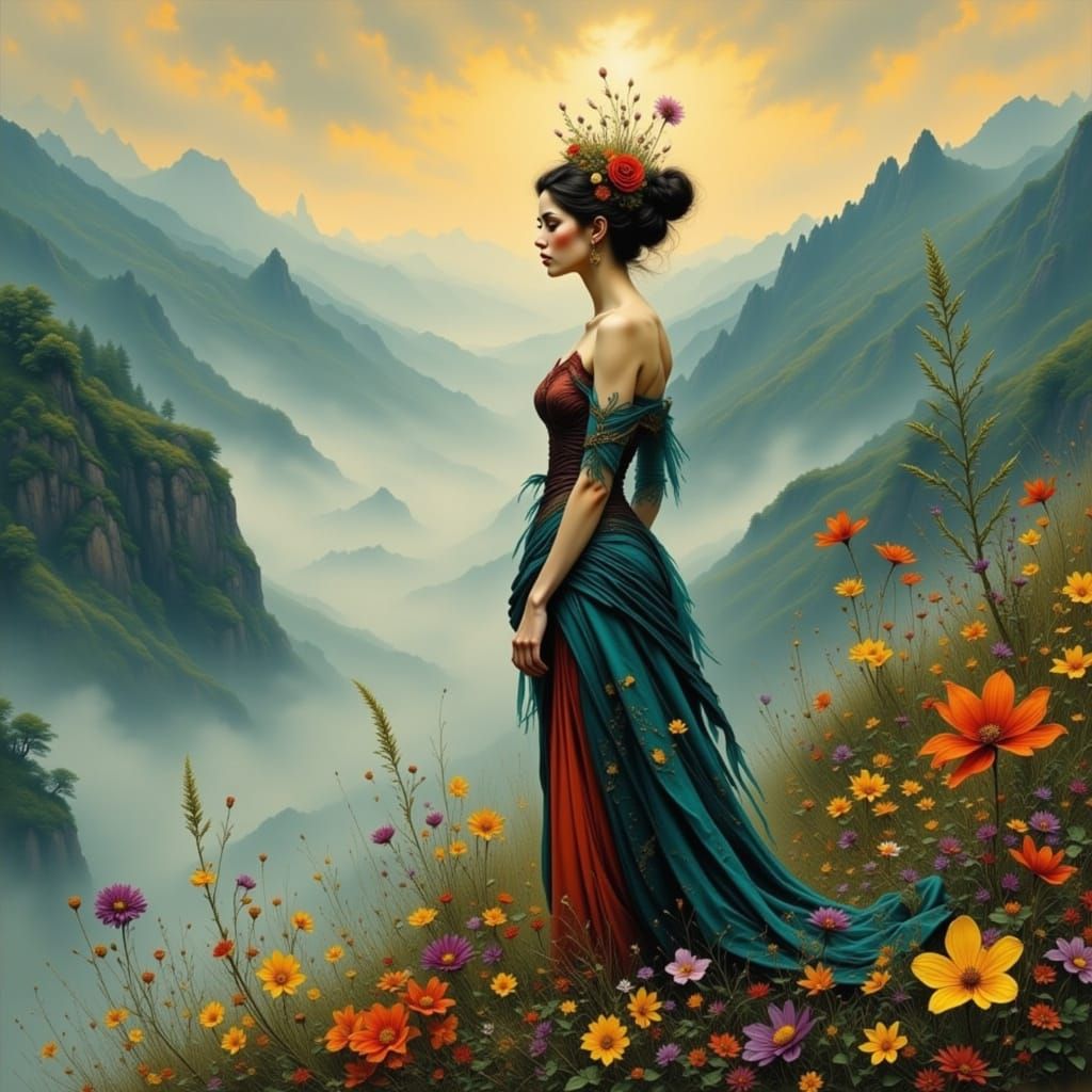 Woman on Misty Cliff in Art Nouveau Style