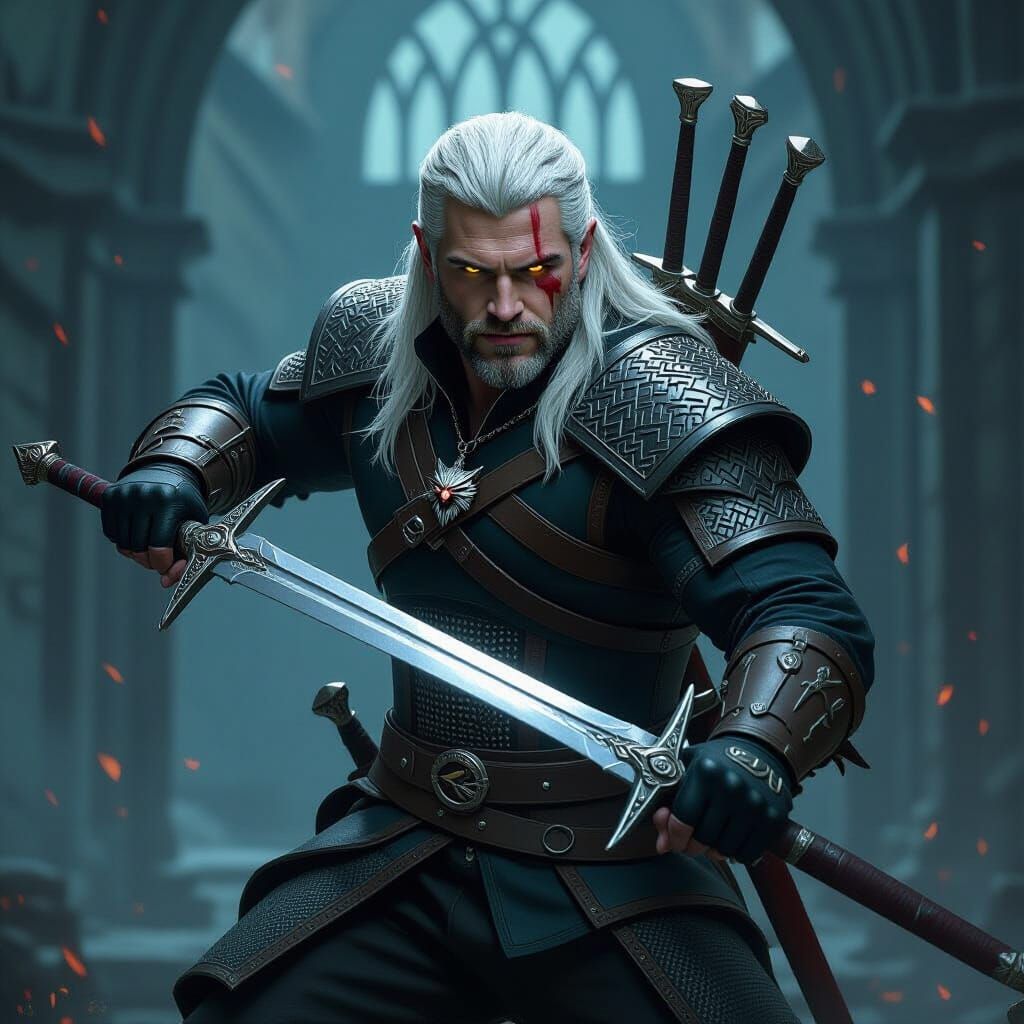 Geralt Battles Striga: A Gothic Fantasy Scene