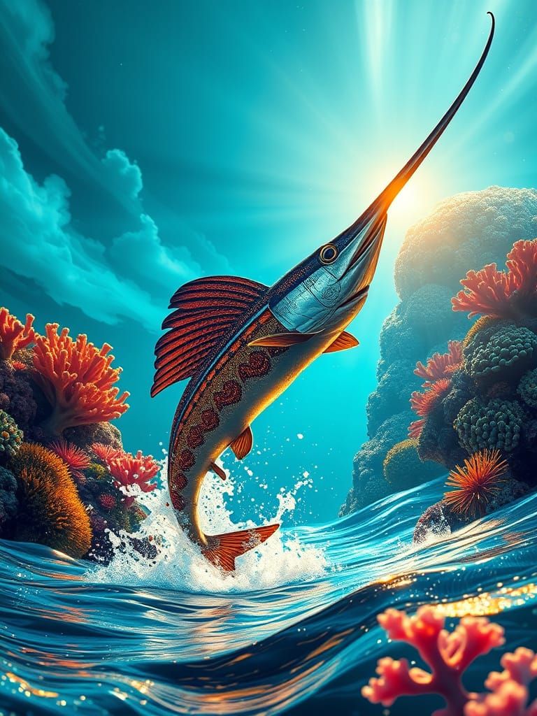 Epic Gilded Sailfish Leaping from Bioluminescent Reef