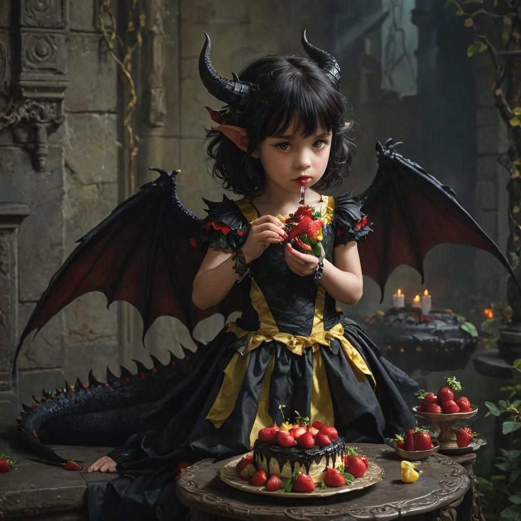 Dragon Girl Eating Cake in Dark Fantasy Style
