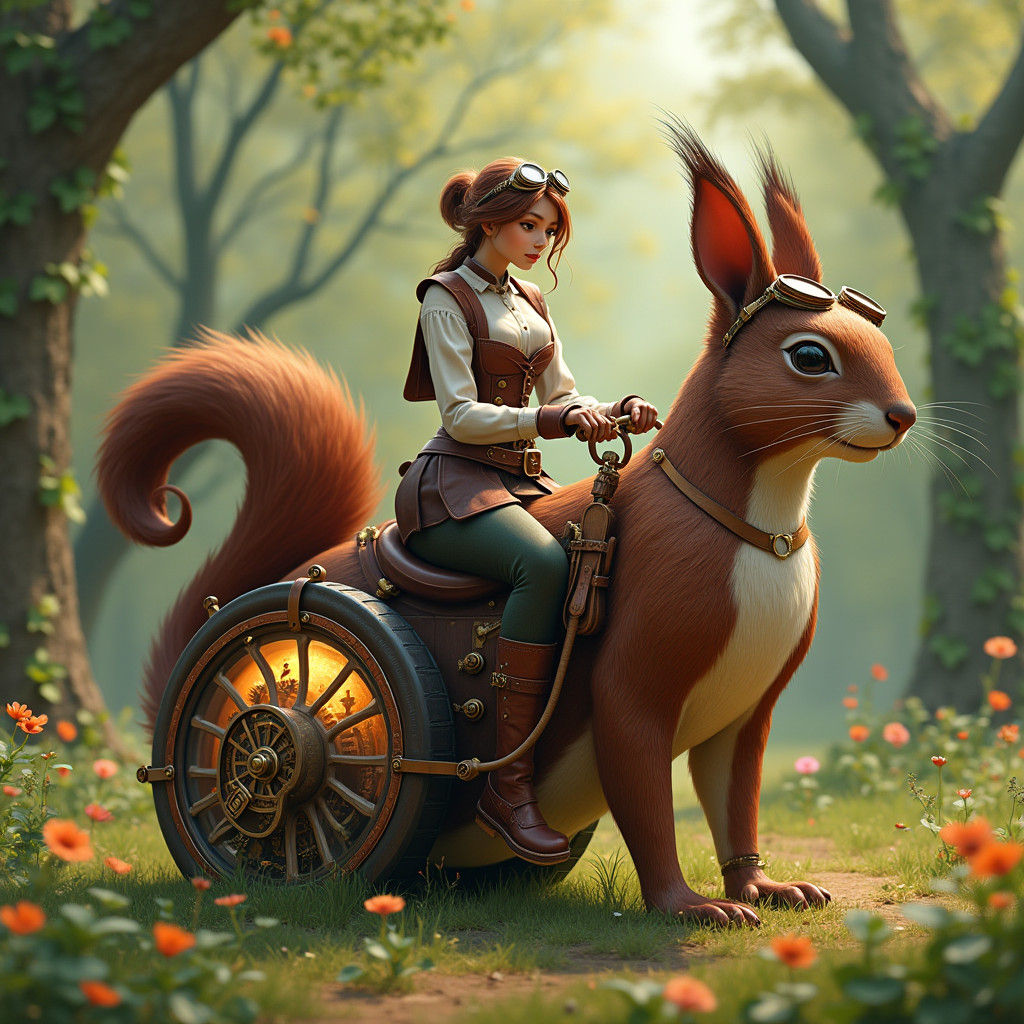 Steampunk Squirrel Automaton in Lush Park