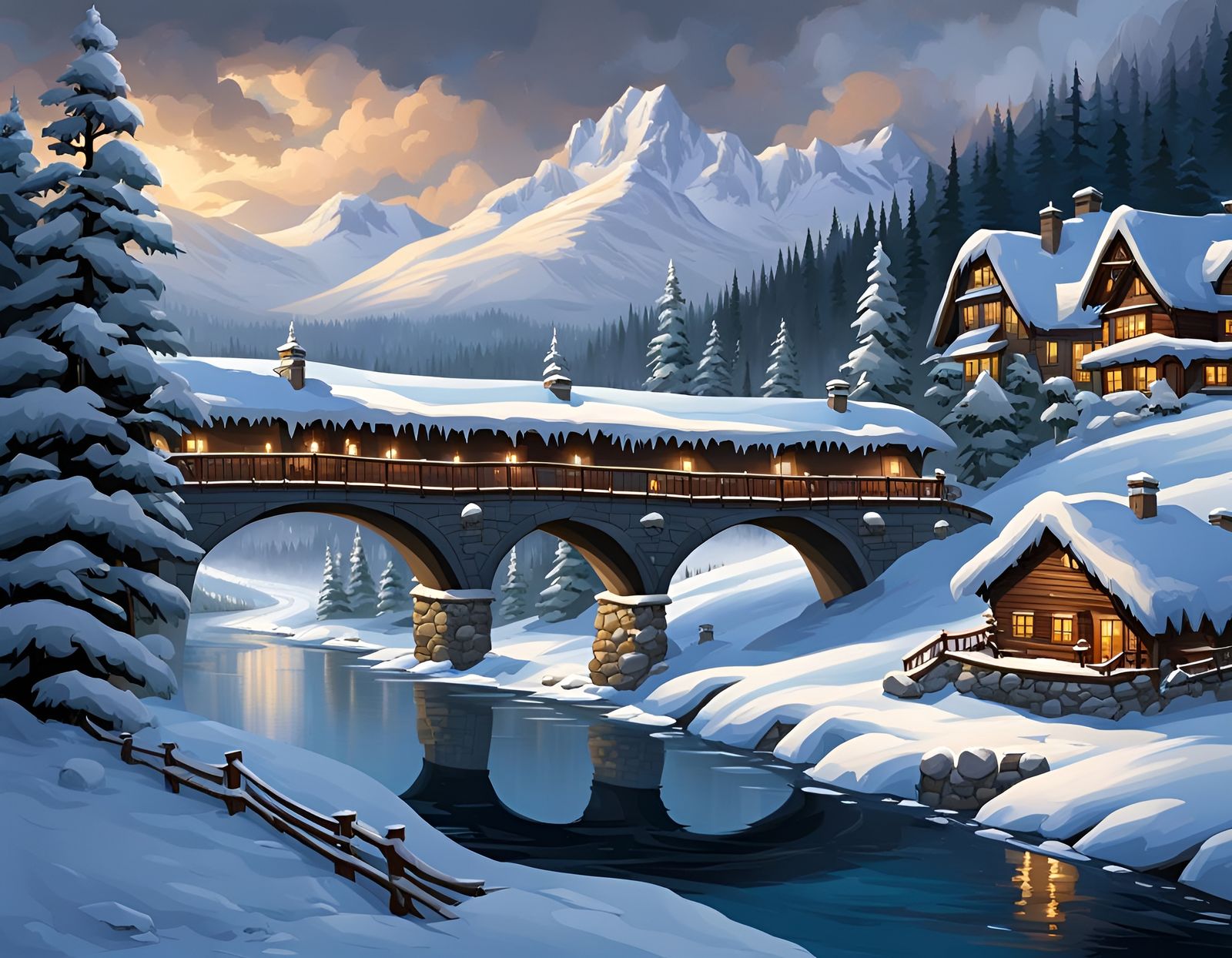 Winter River Scene with Stone Bridge and Chalet