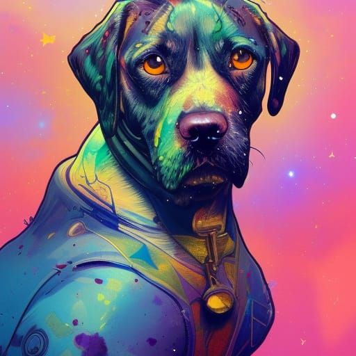 Dog Among Colorful Stars: Digital Art Portrait