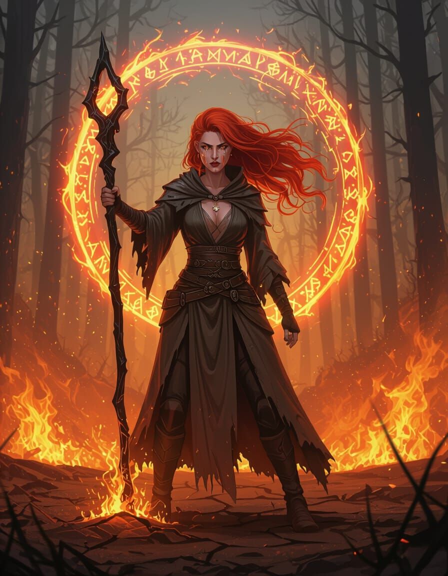 Fiery Mage Protects Burning Forest: Anime Concept Art