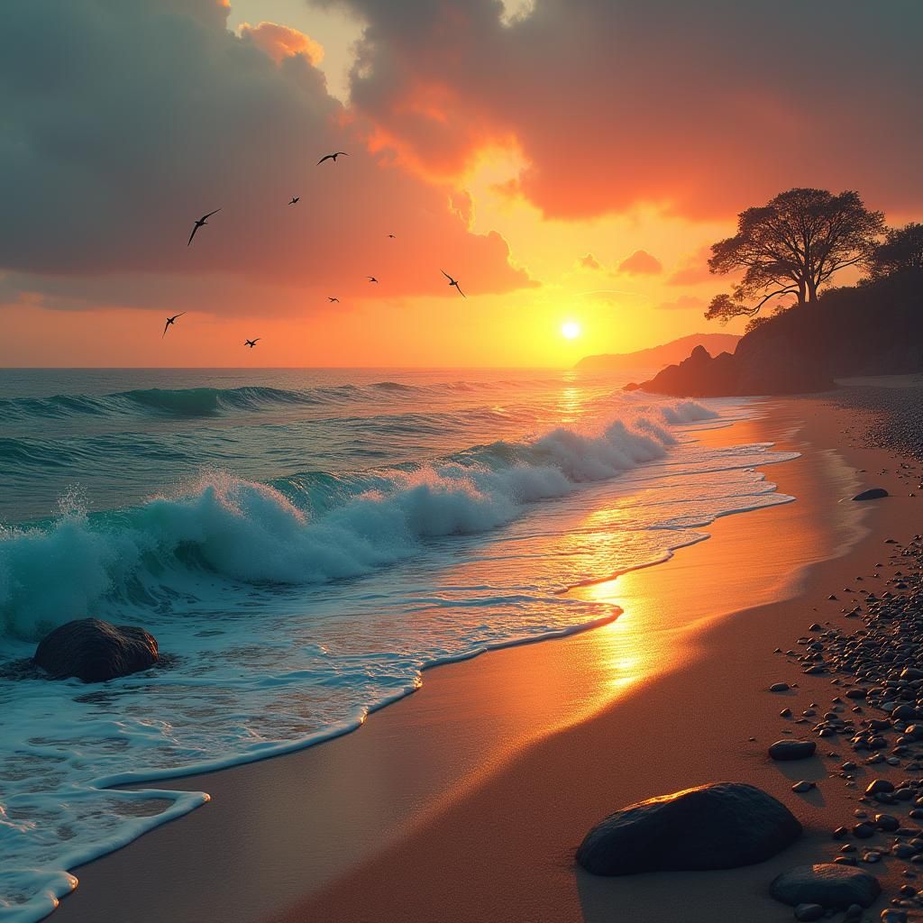 Sunset Beach with Silhouettes in Digital Art Style