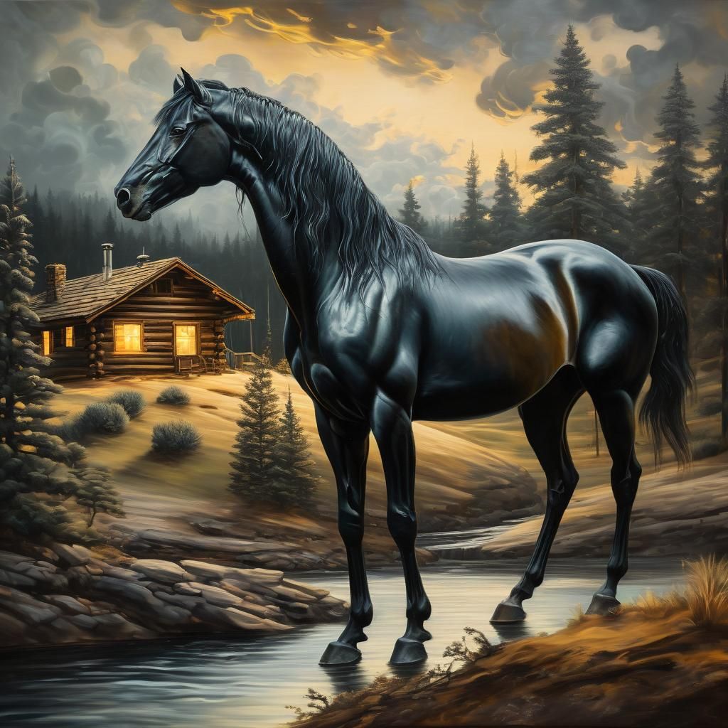 A Dreamy Black Stallion Amidst a Surreal Forest Landscape wi...