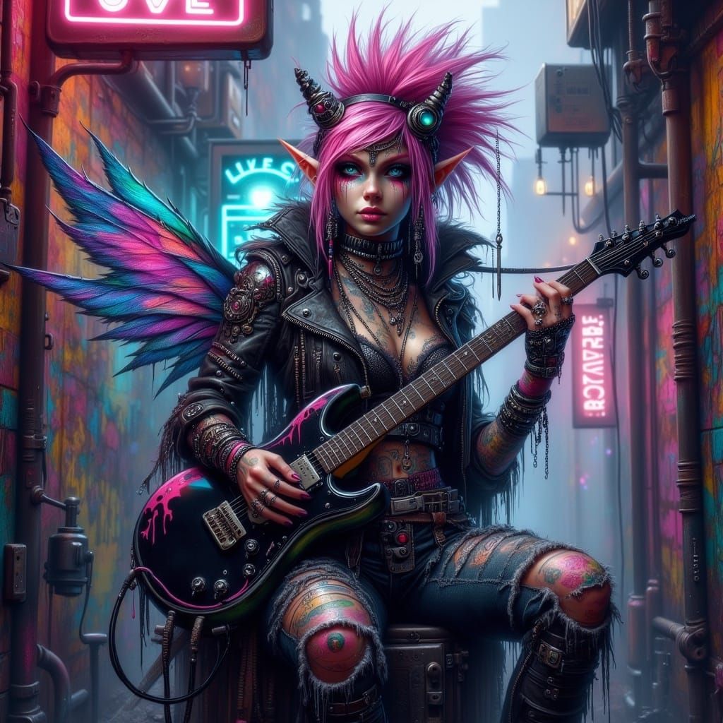 Elfpunk Musician with Neon Guitar in Urban Setting