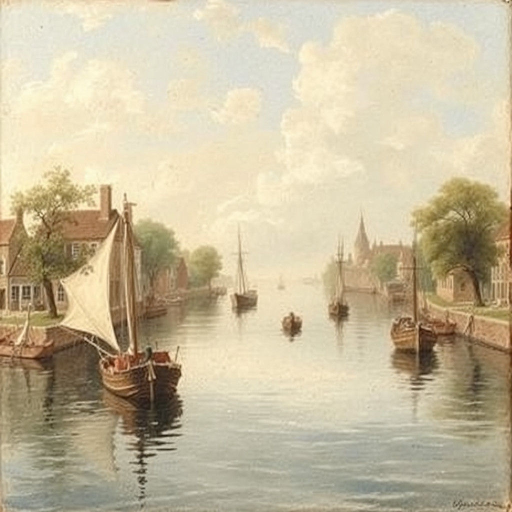 Dutch River Scene with Boats in Watercolor