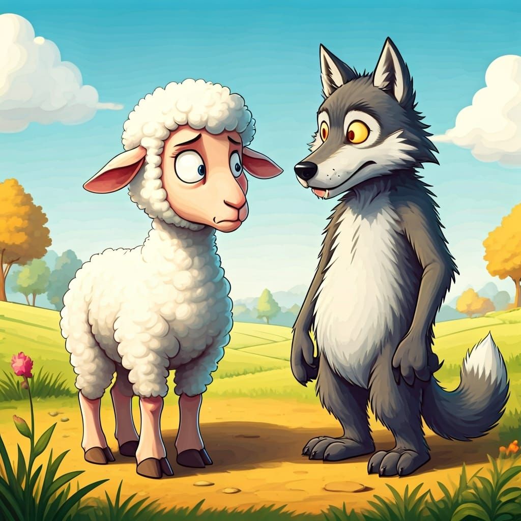 Lamb and Wolf in Sheep's Clothing: Cartoon Illustration