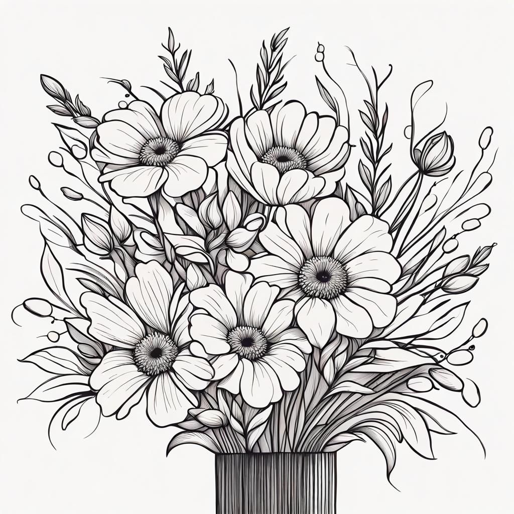 Intricate Monochrome Flower Bouquet Line Art