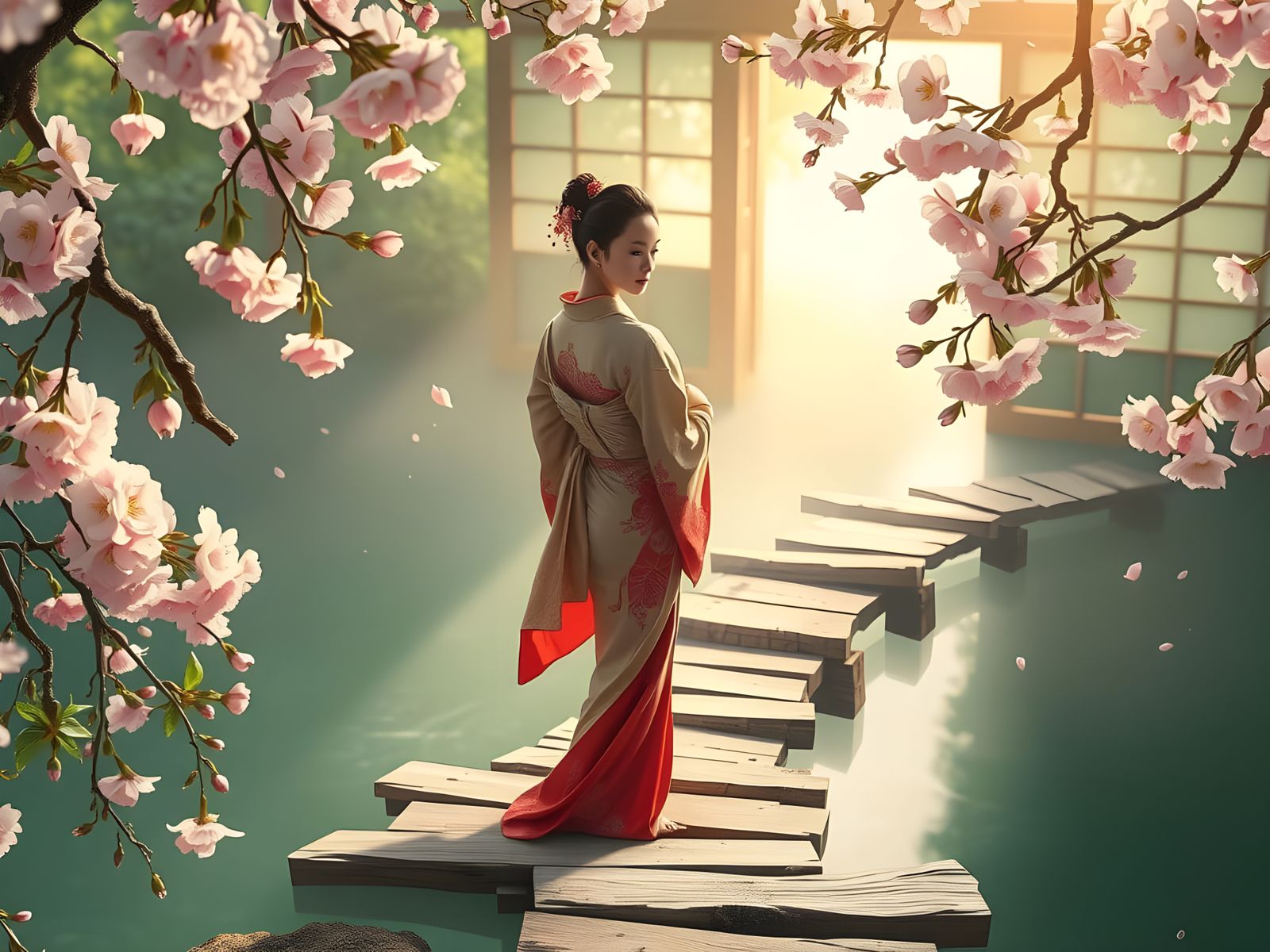 Woman on Kintsugi Bridge with Cherry Blossoms