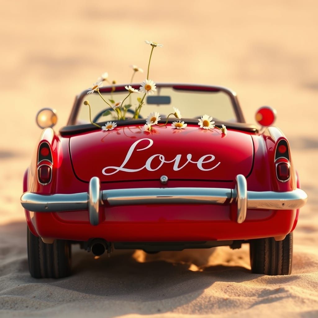 Vintage Cherry-Red Convertible on Sandy Beach