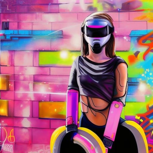 Girl on Hoverboard in Futuristic Graffiti City