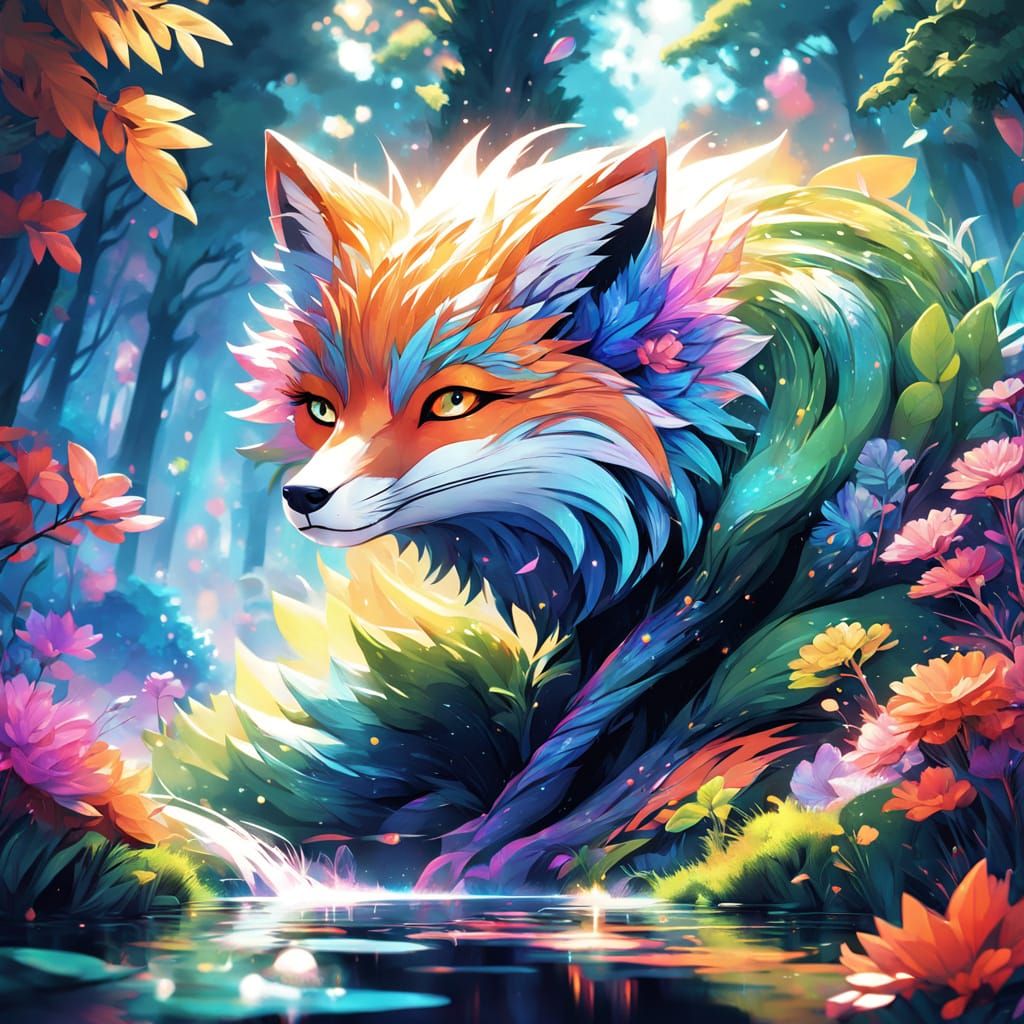 Surreal Fox in Vibrant Mystical Forest with Swirling Wood an...