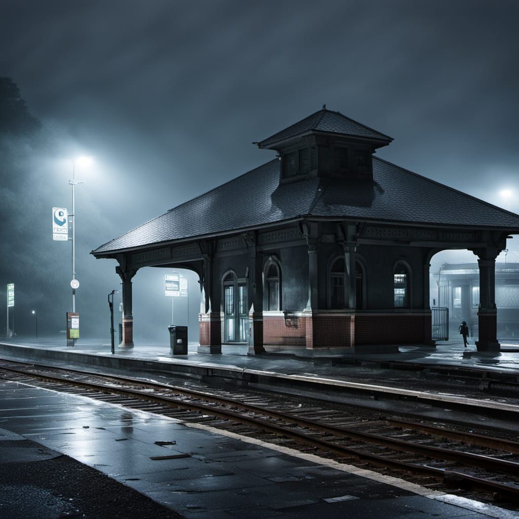 Lonely Abandoned Train Station on Foggy Summer Night