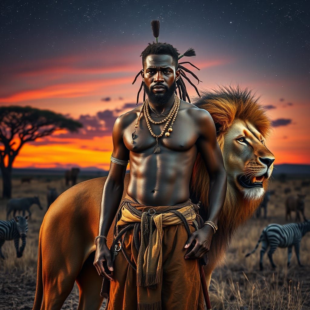 African Warrior and Lion on the Savannah at Dusk