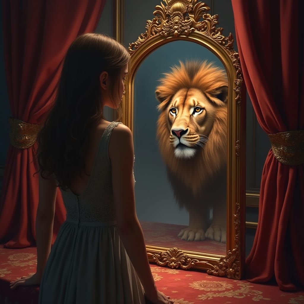 Regal Lion Confronts Young Woman in Gilded Mirror