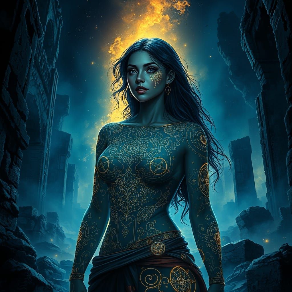 Celestial Tattooed Woman in Misty Ruins, Comic Book Style
