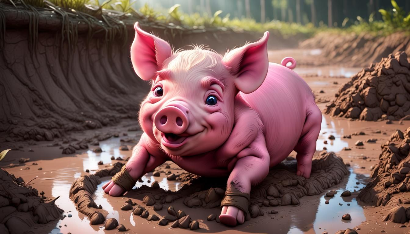 Pink Piglet's Muddy Bliss: A Detailed Digital Painting