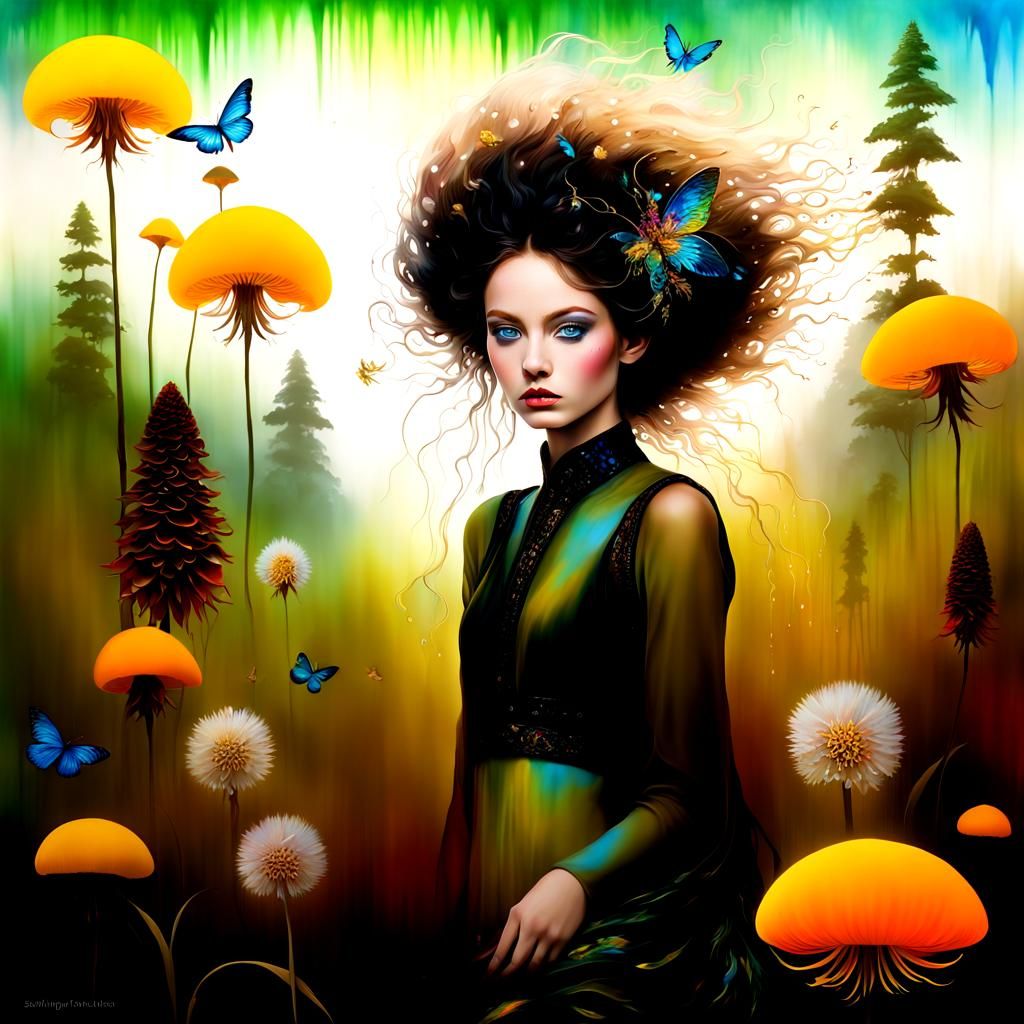 Fairy Dancing in Surreal Garden, Oil and Alcohol Ink