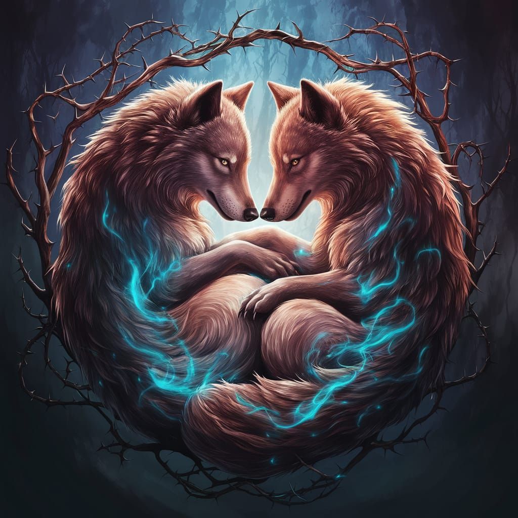Ethereal Wolves in Yin-Yang Harmony with Blue Fire and Spira...