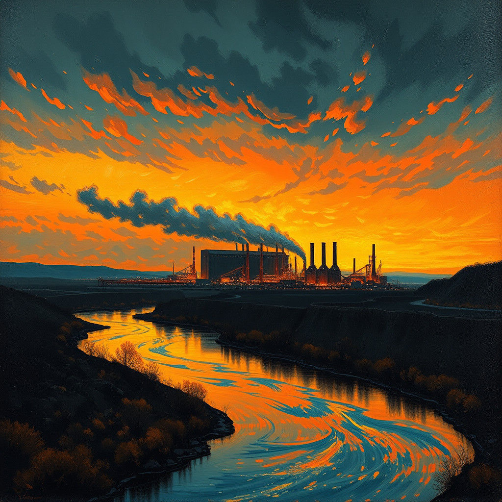 Fiery Industrial Dusk in Neo-Impressionist Style