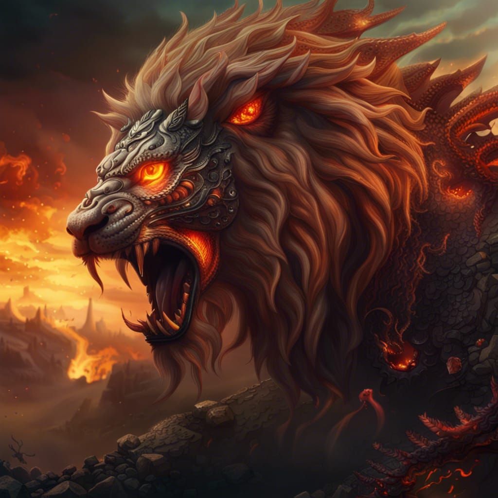 Burning Lion Dragon Chimera: Digital Matte Painting