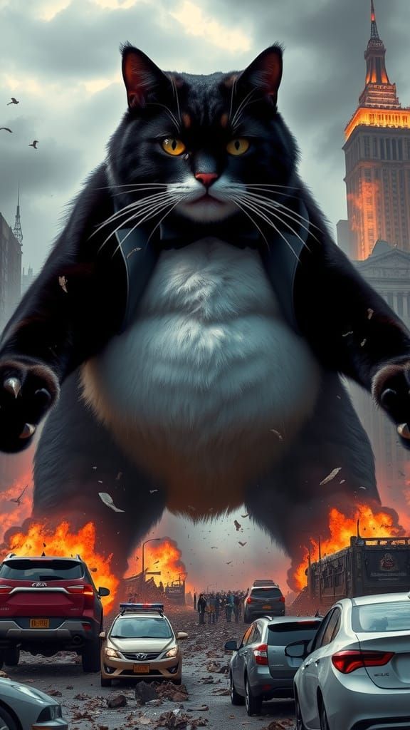 Gargantuan Tuxedo Cat Rampages Through City in Cyberpunk Apo...