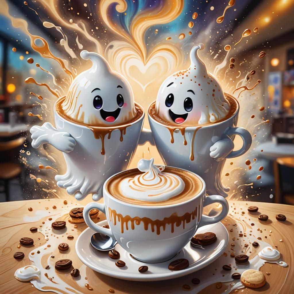 Cappuccino with Ghosts: Hyperrealistic Splash Art