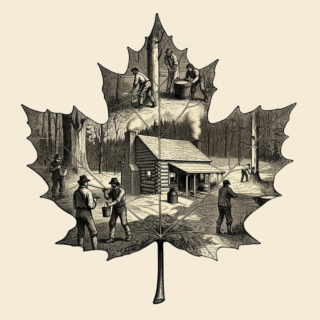 Vintage-Inspired Maple Syrup Production Engraving in Black a...