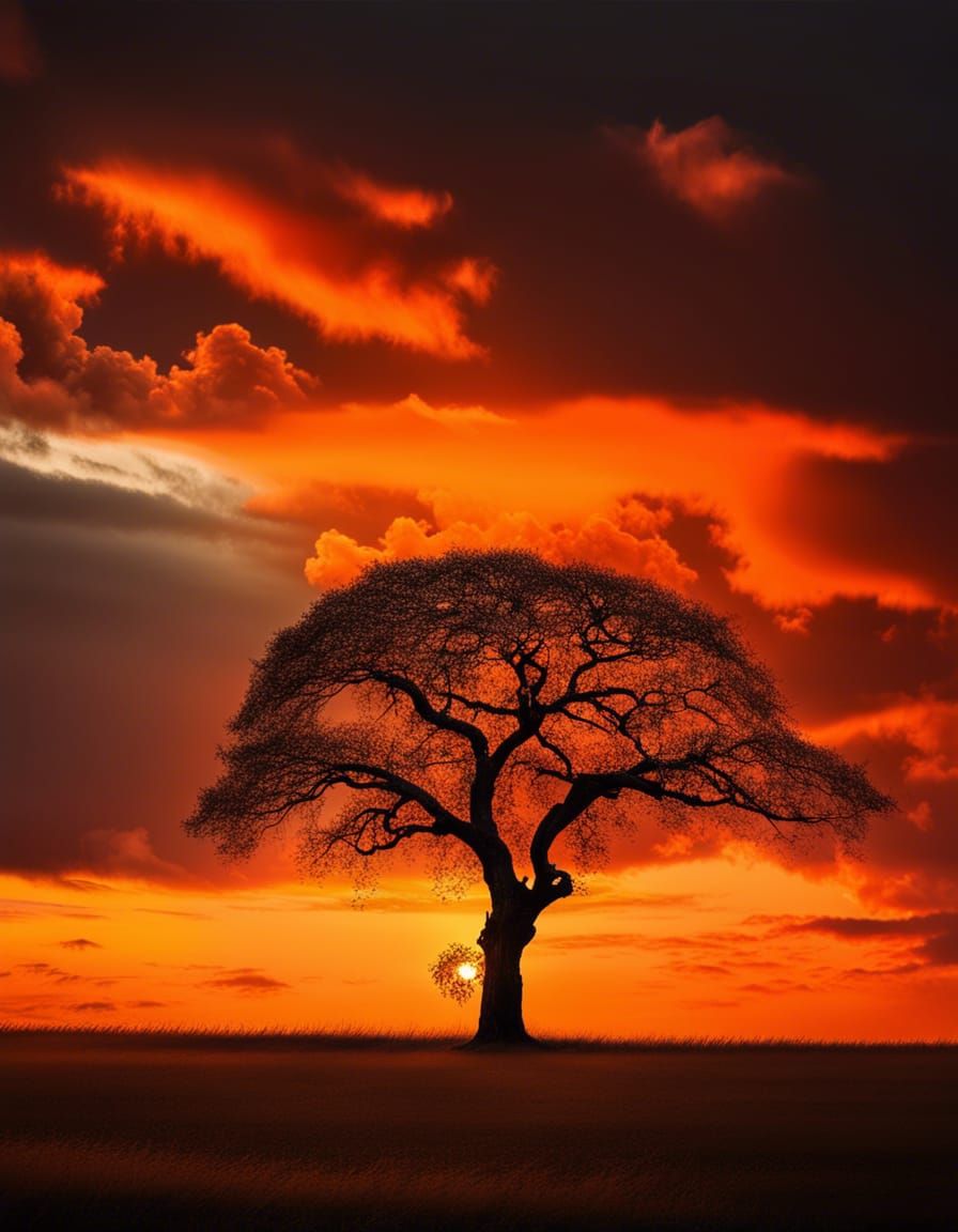Majestic Sunset Landscape with Solitary Tree