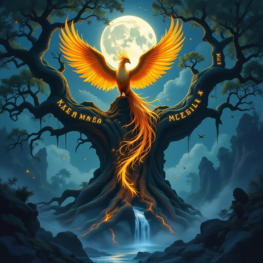 Majestic Phoenix on Ancient Tree in Mystical Forest