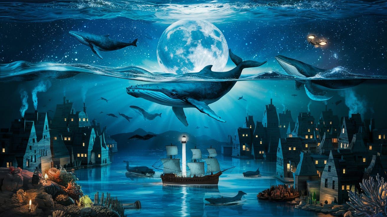 Whales Ascend Over Underwater City in Fantasy Art