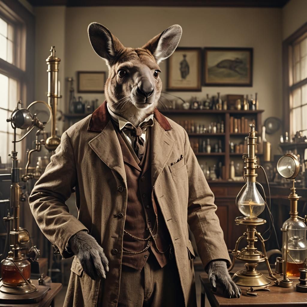 Victorian Kangaroo Scientist in Laboratory Portrait