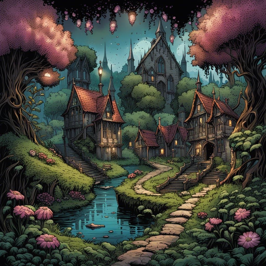 High Gothic Fairytale Town in Lush Forest