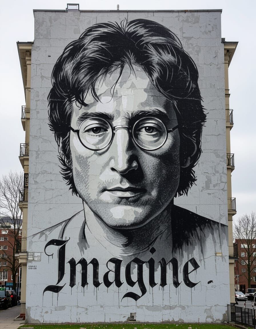 Abstract John Lennon Mural with "Imagine" Script