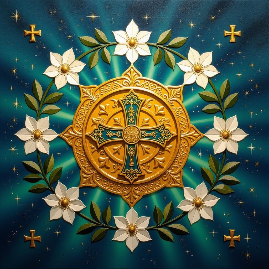 Sacred Yantra with St. Benedict Medal in Concentric Oil Styl...