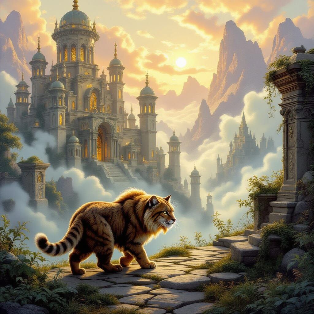Saber-Toothed Cat in Mystical Ruins, Fantasy Landscape