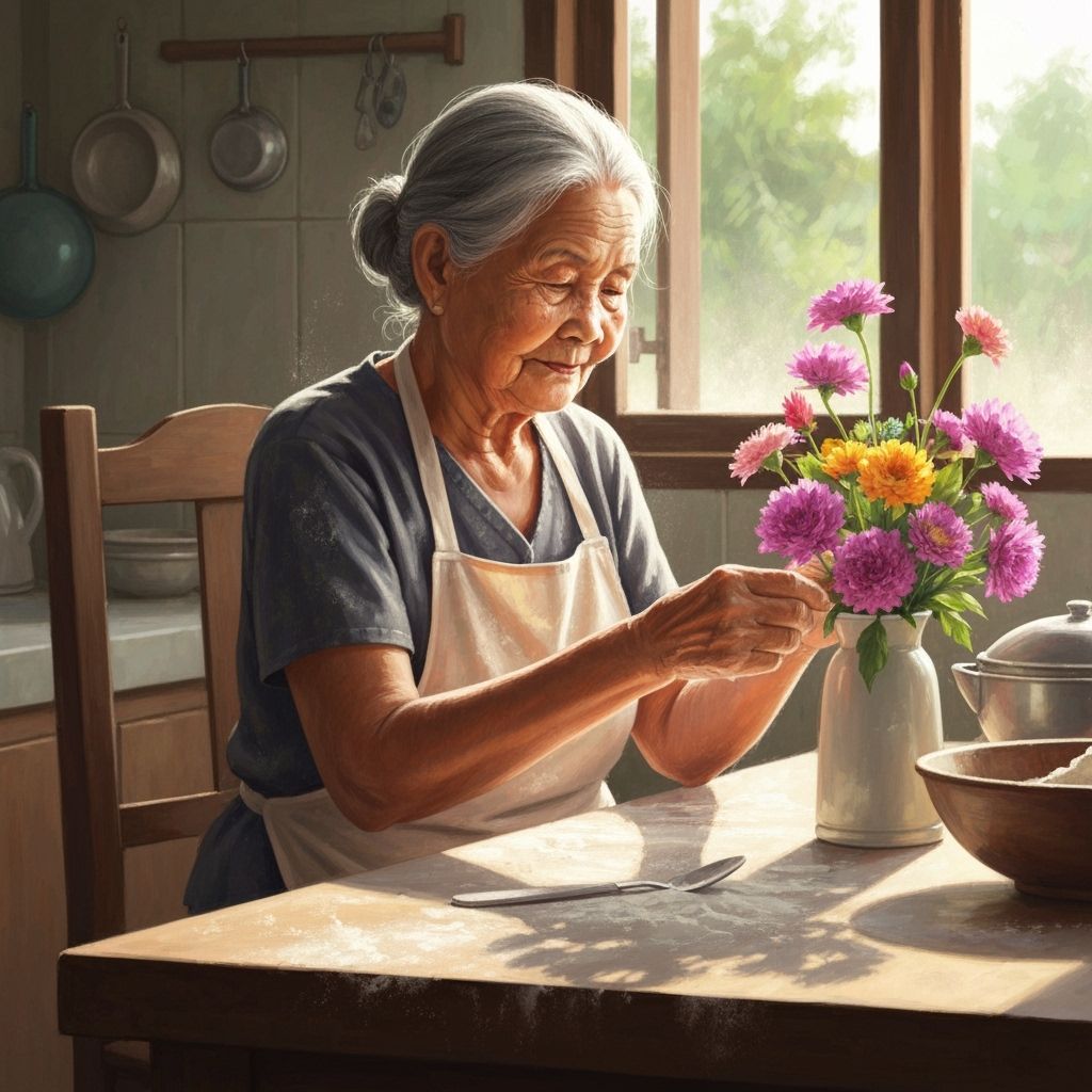 Elderly Thai Woman Arranging Flowers in Soft Light