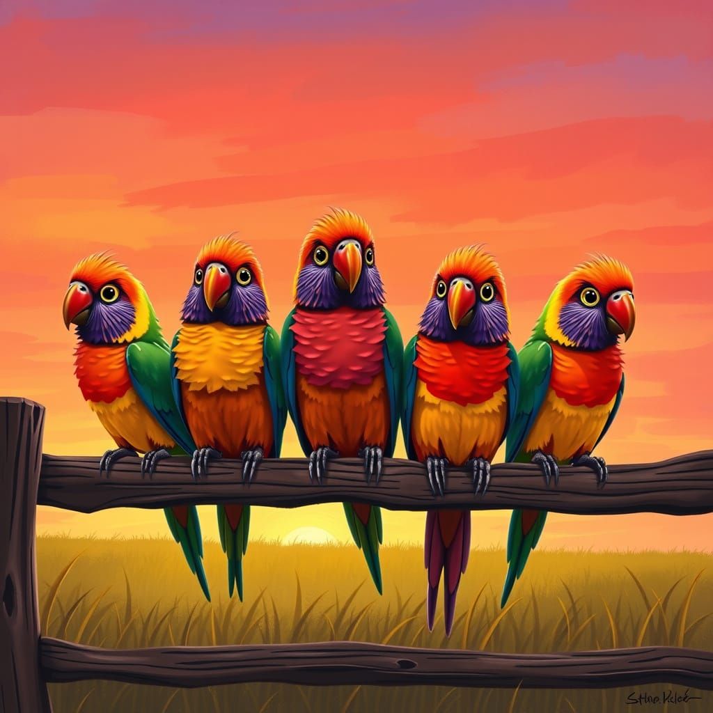 Vibrant Cartoon Lorikeets Perched on a Sunset Fence