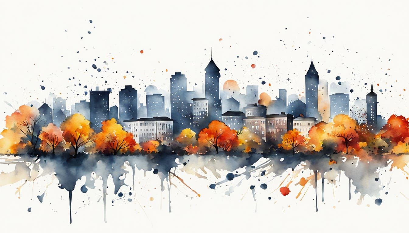 Autumn Cityscape in Watercolor Ink Splatter Style