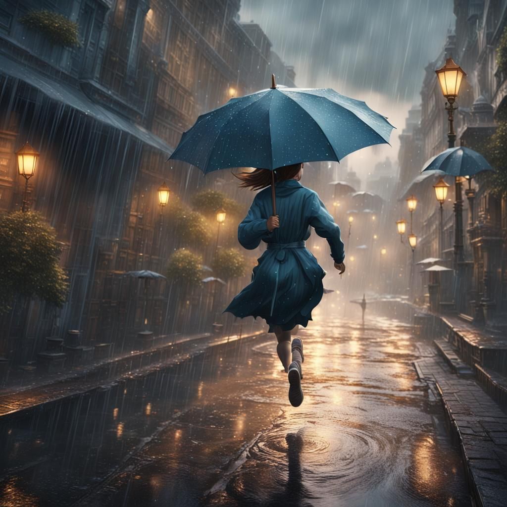 Girl Running in Rain: Detailed Matte Painting