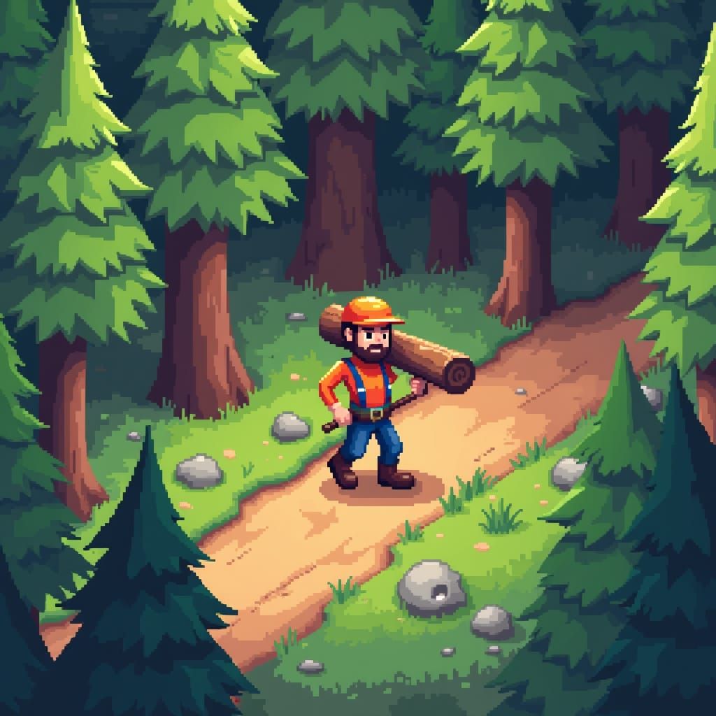 Lumberjack's Pixel Adventure in Low Poly 8 Bit Style