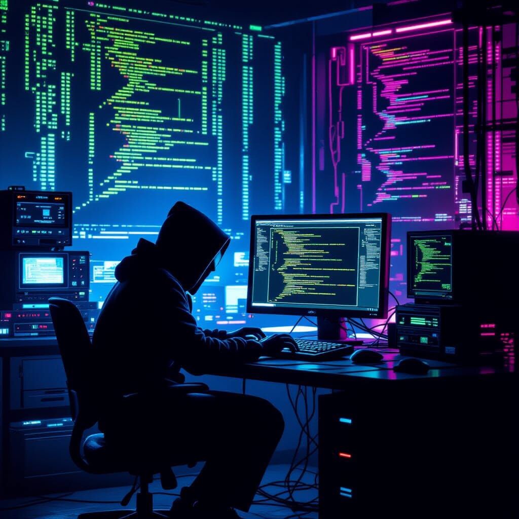 Hacker in Dim Room, Neon Data Streams, Retro Cyberpunk Poste...