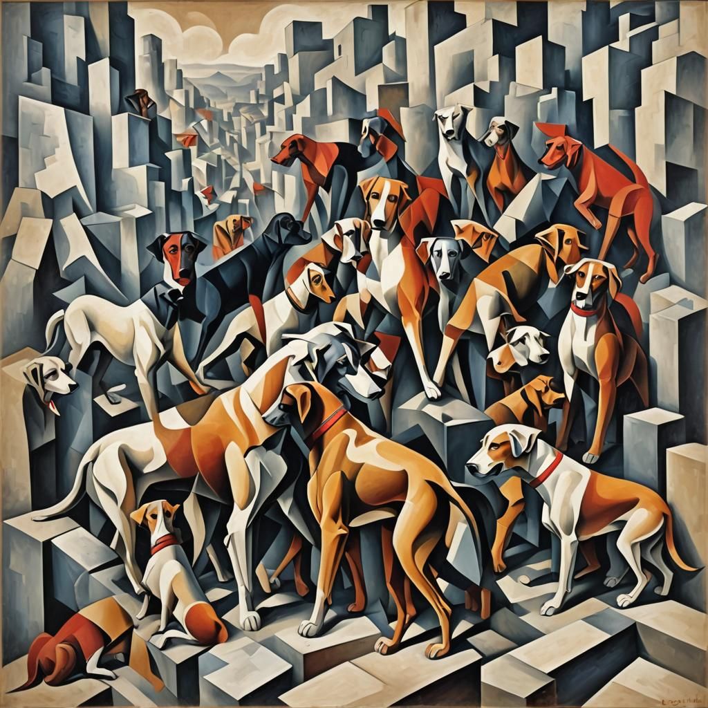 Abstract Cubist Dogs Flush Quarry in Euclidean Style